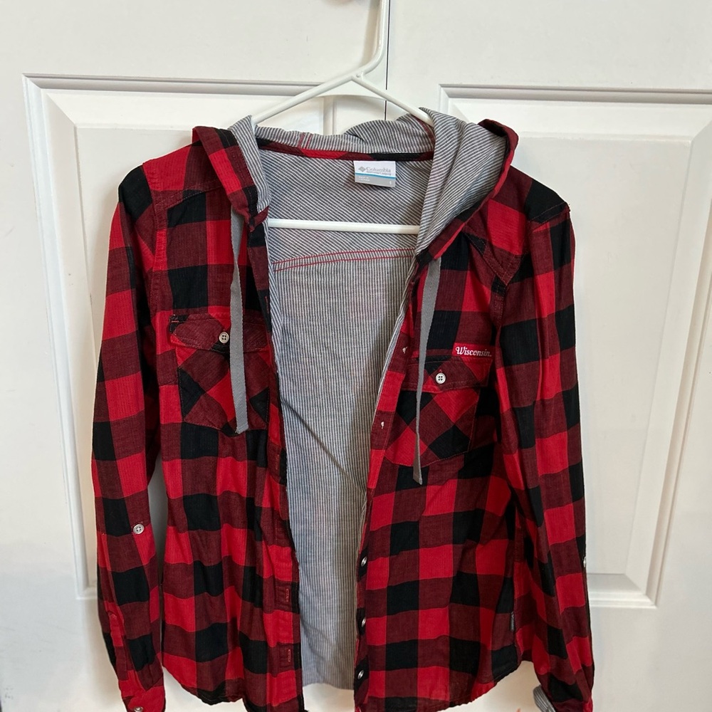Columbia Wisconsin plaid hooded Shirt